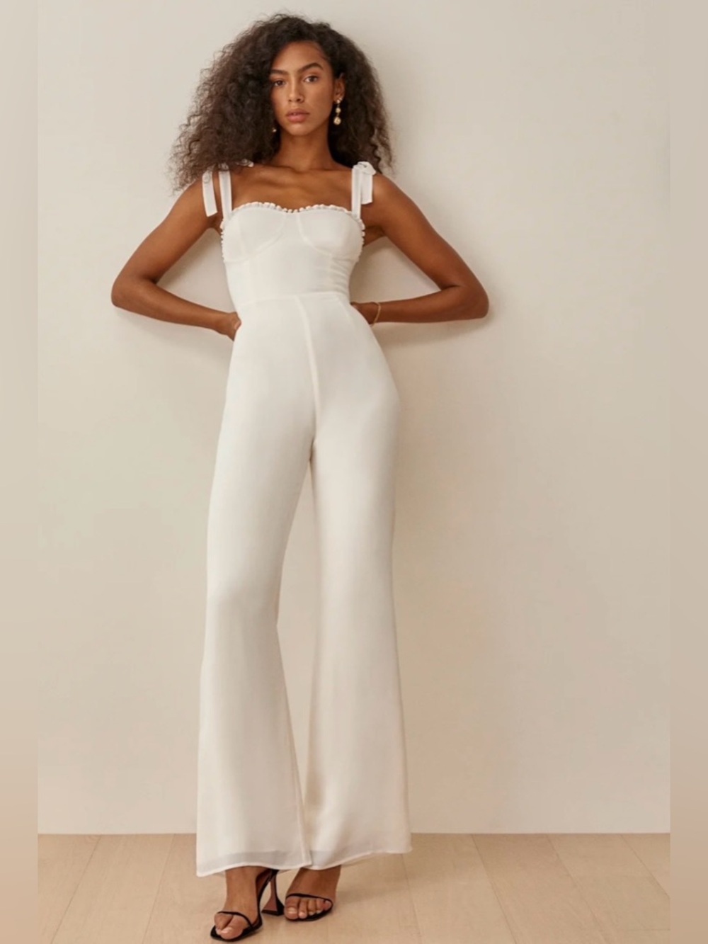 Reformation cream ruffle-trim jumpsuit